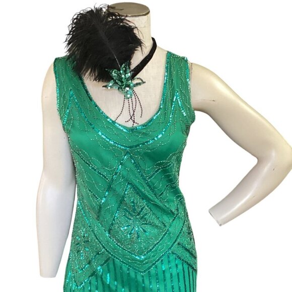 Flapper Roaring 20s Cosplay Costume Dress & Headdress Sz M Green 169C - Picture 3 of 10